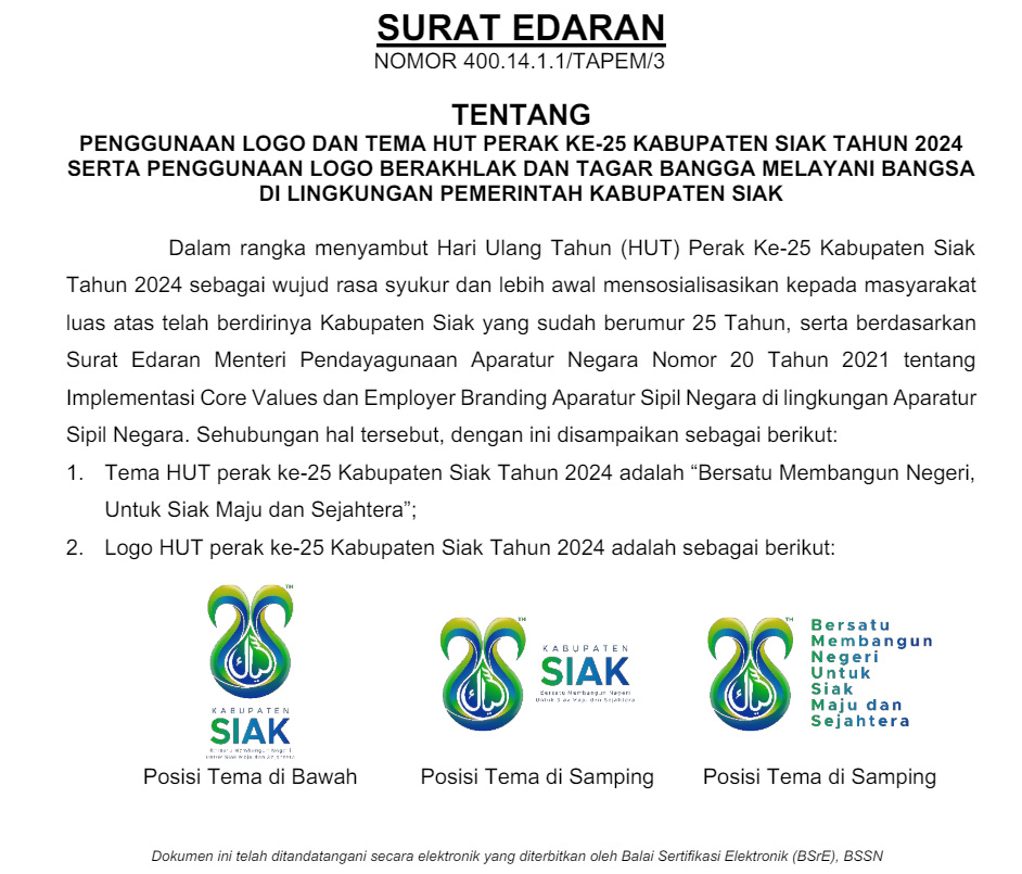 SURAT EDARAN PENGGUNAAN LOGO DAN TEMA HUT PERAK KE-25 KABUPATEN SIAK ...